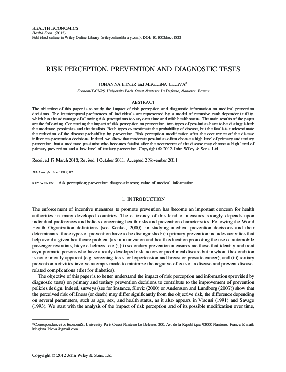 (PDF) Risk Perception, Prevention and Diagnostic Tests