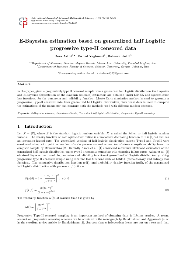 (PDF) E-Bayesian Estimation Based On Generalized Half Logistic ...