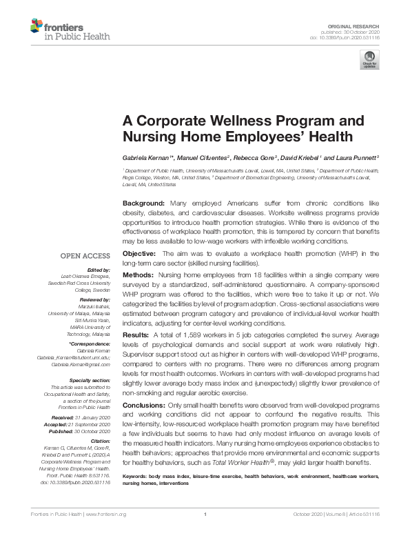 (PDF) A Corporate Wellness Program and Nursing Home Employees' Health