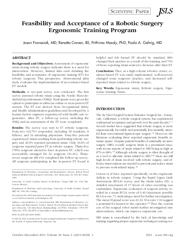 (PDF) Feasibility and Acceptance of a Robotic Surgery Ergonomic ...