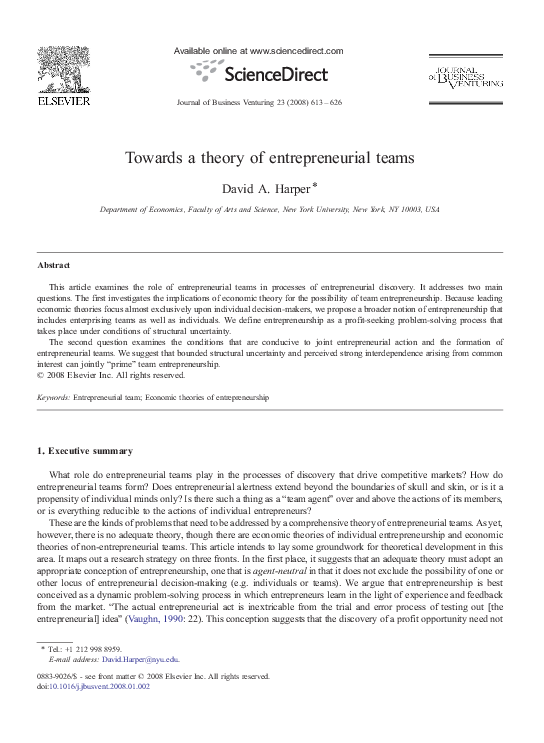 (PDF) Towards a theory of entrepreneurial teams