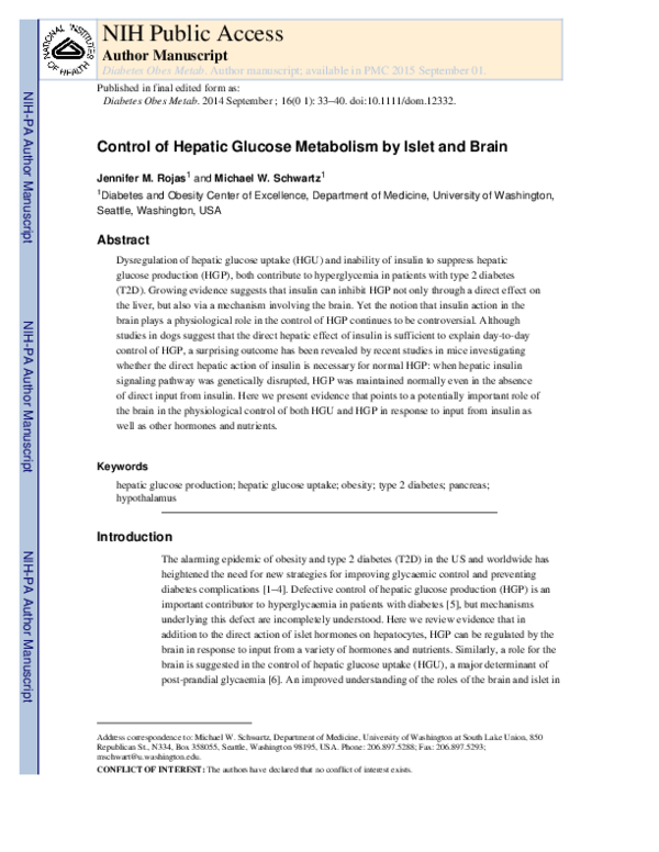 (PDF) Control of hepatic glucose metabolism by islet and brain