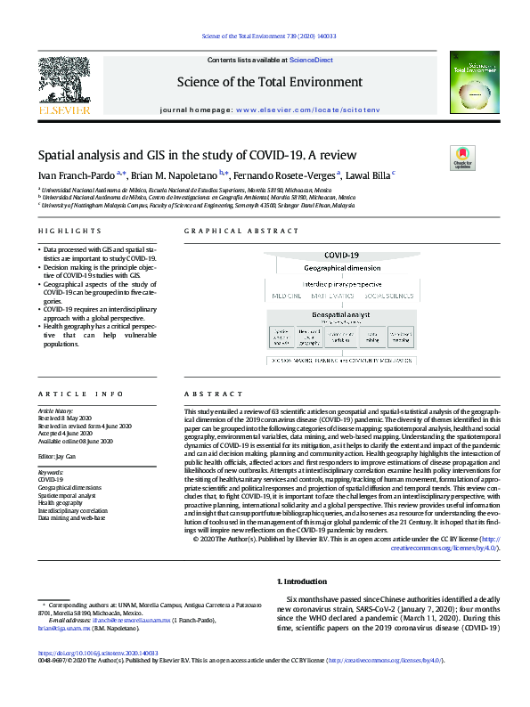 (PDF) Spatial analysis and GIS in the study of COVID-19. A review