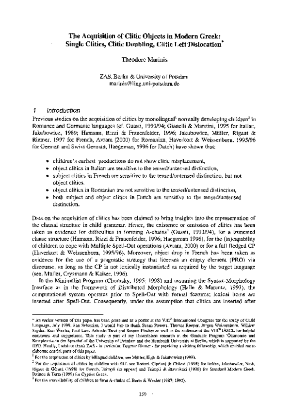 (PDF) acquisition of clitic objects in Modern Greek : single clitics ...