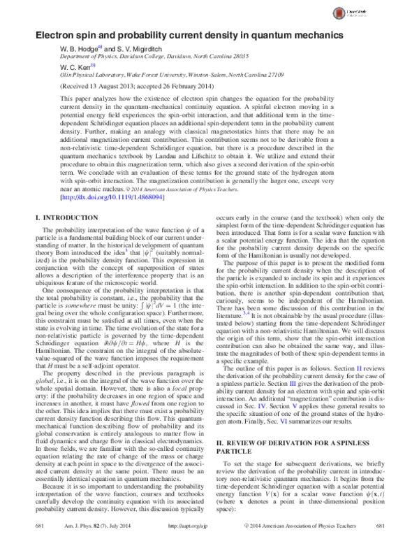 (PDF) Electron spin and probability current density in quantum mechanics