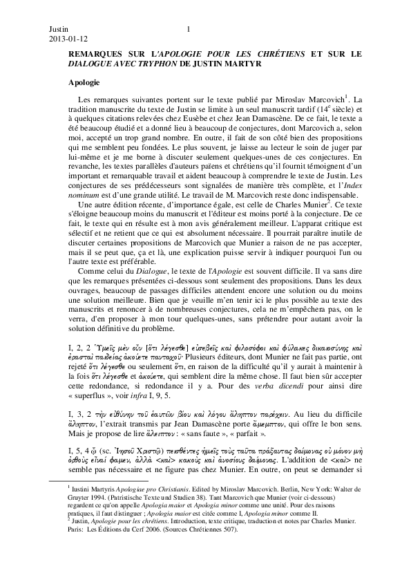 First page of “Remarques sur l'Apologie pour les Chrétiens et sur le Dialogue avec Tryphon de Justin Martyr”