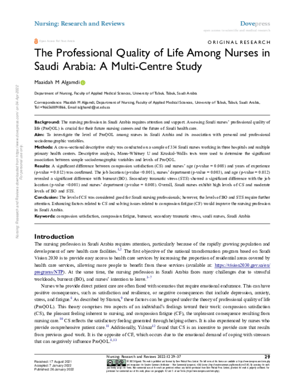 (PDF) The Professional Quality of Life Among Nurses in Saudi Arabia: A ...