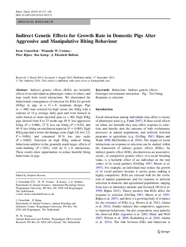 (PDF) Indirect Genetic Effects for Growth Rate in Domestic Pigs Alter ...