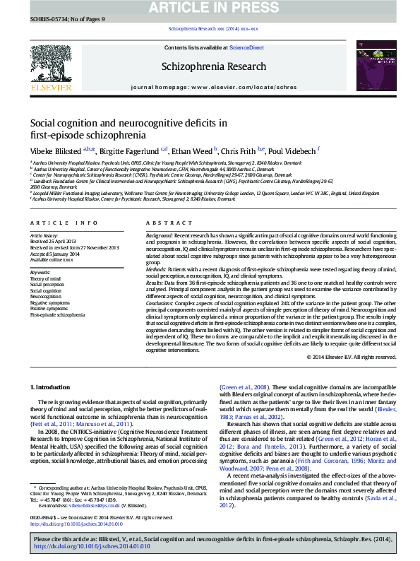 (PDF) Social Cognition and Neurocognitive Deficits in Schizophrenia
