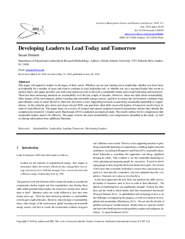 (PDF) Developing Leaders To Lead Today And Tomorrow