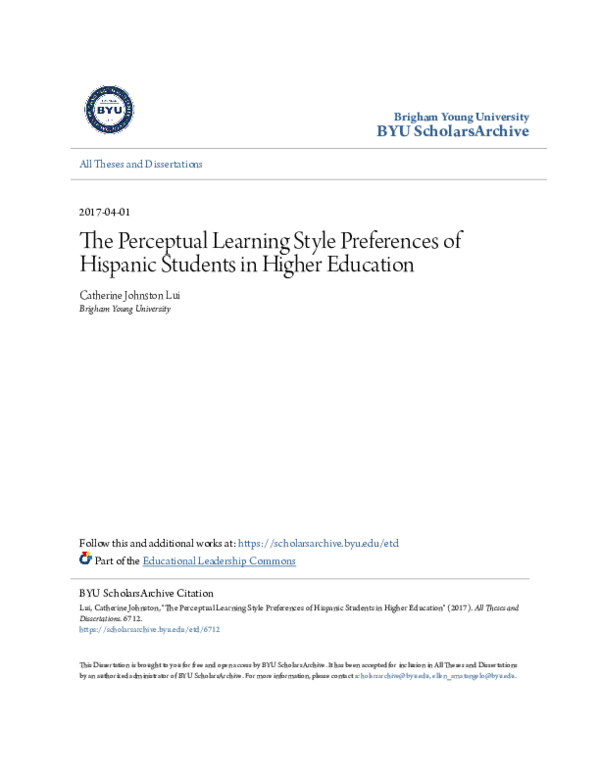 (PDF) The Perceptual Learning Style Preferences of Hispanic Students in ...