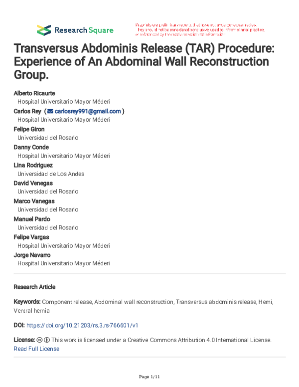 (PDF) Transversus Abdominis Release (TAR) Procedure: Experience of An ...
