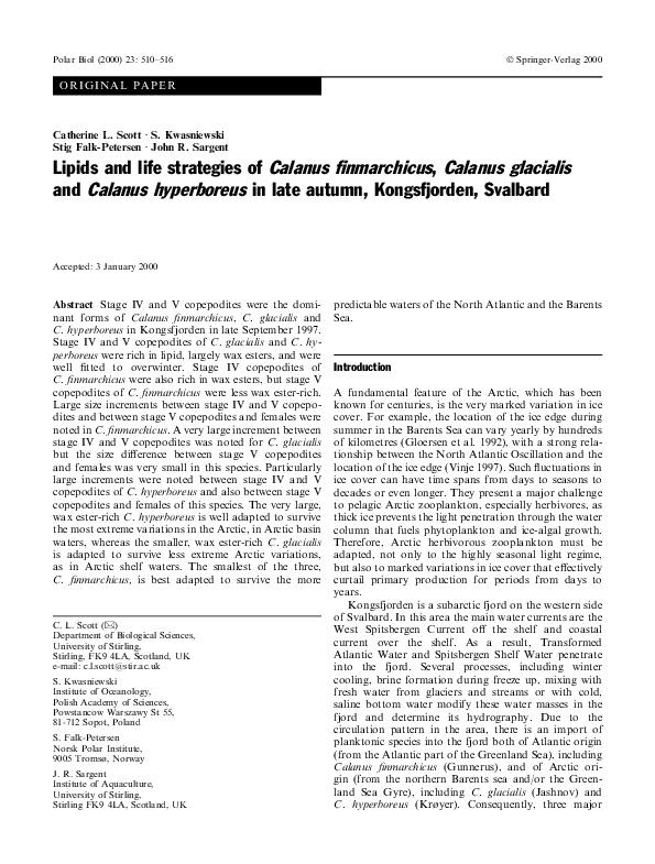 (PDF) Lipids and life strategies of Calanus finmarchicus , Calanus ...