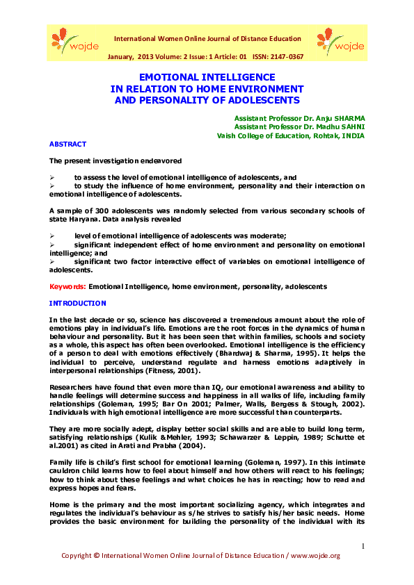 (PDF) Emotional Intelligence in Relation to Home Environment and ...