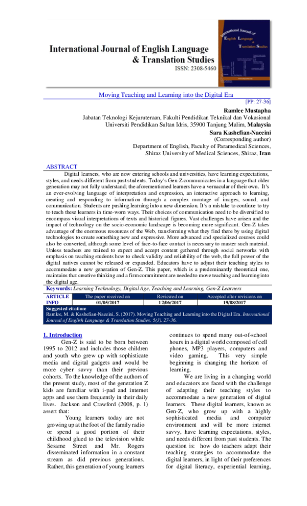 (PDF) Moving Teaching and Learning into the Digital Era