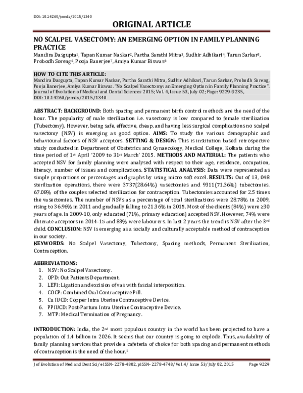 (PDF) No Scalpel Vasectomy An Emerging Option in Family Planning