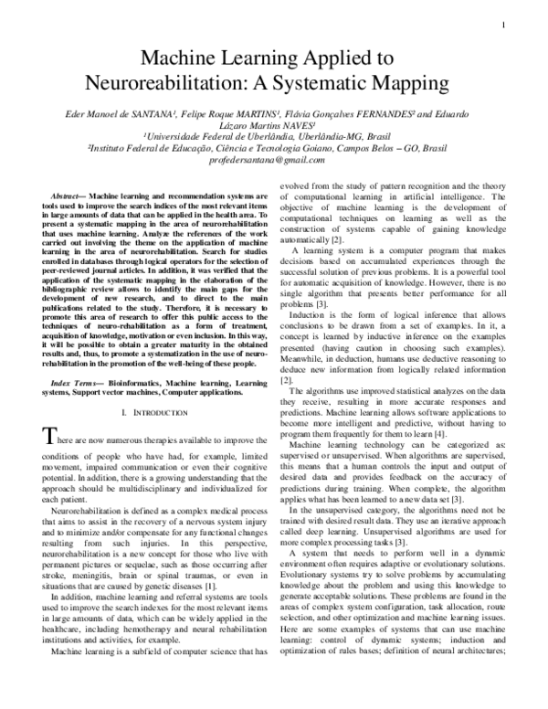 (PDF) Machine Learning Applied to Neuroreabilitation: A Systematic Mapping