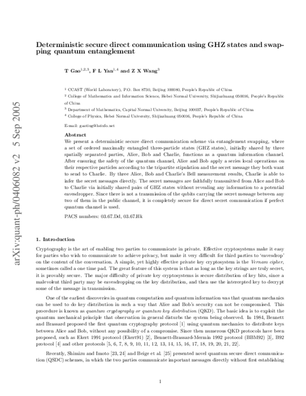 (PDF) Deterministic secure direct communication using GHZ states and ...