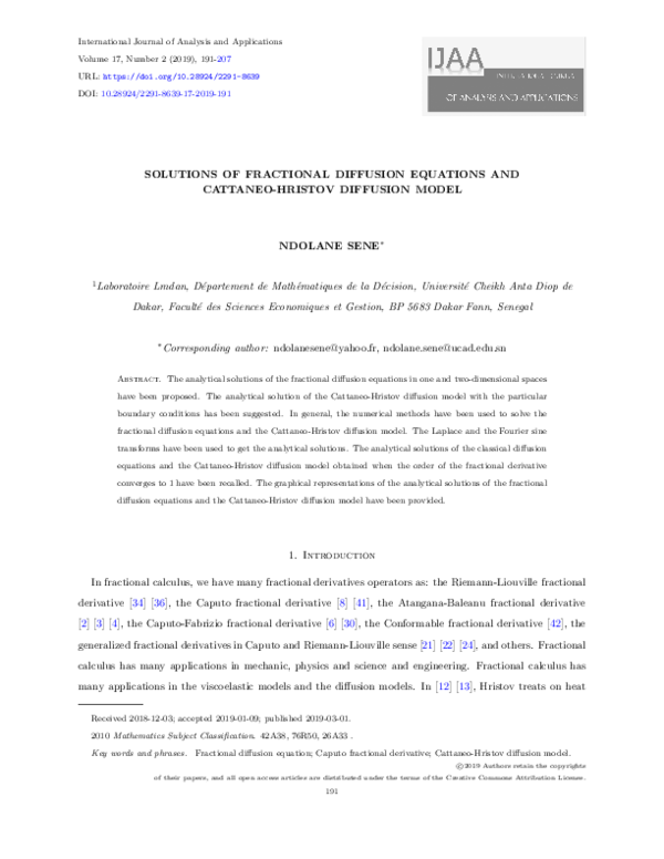 (PDF) Solutions of Fractional Diffusion Equations and Cattaneo-Hristov ...