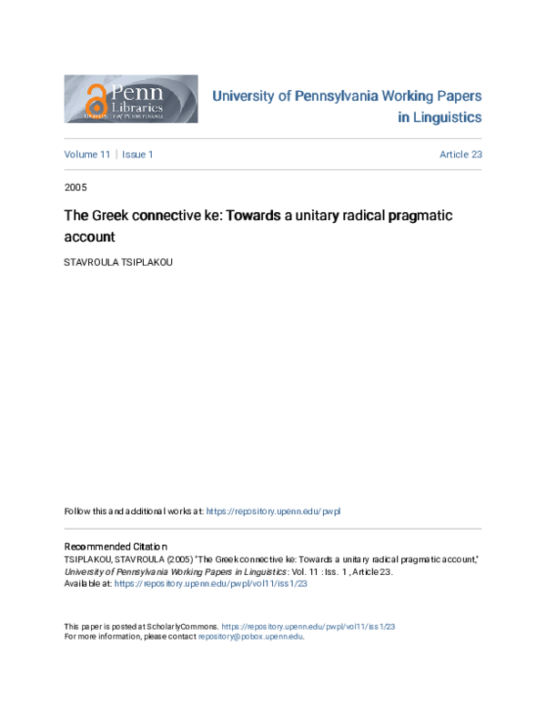 (PDF) The Greek connective ke: Towards a unitary radical pragmatic account