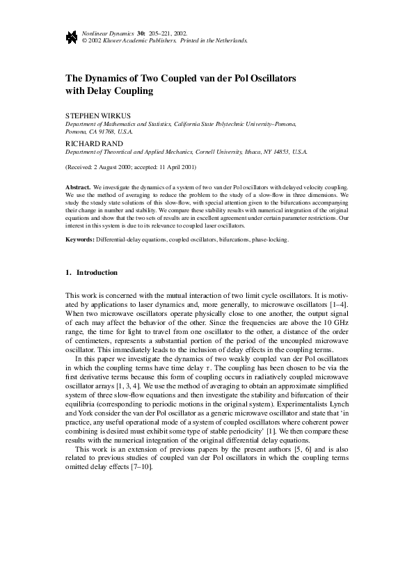 (PDF) Dynamics of Two Coupled Van der Pol Oscillators With Delay Coupling