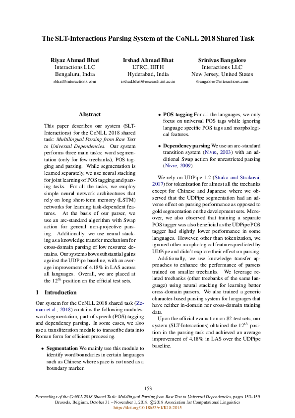 (PDF) The SLT-Interactions Parsing System at the CoNLL 2018 Shared Task
