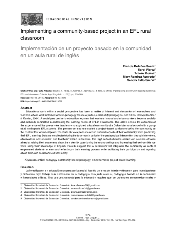 (PDF) Implementing a community-based project in an EFL rural classroom