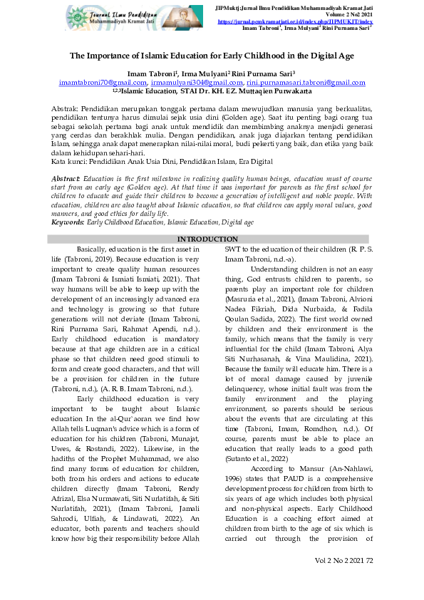 (PDF) The Importance of Islamic Education for Early Childhood in the ...
