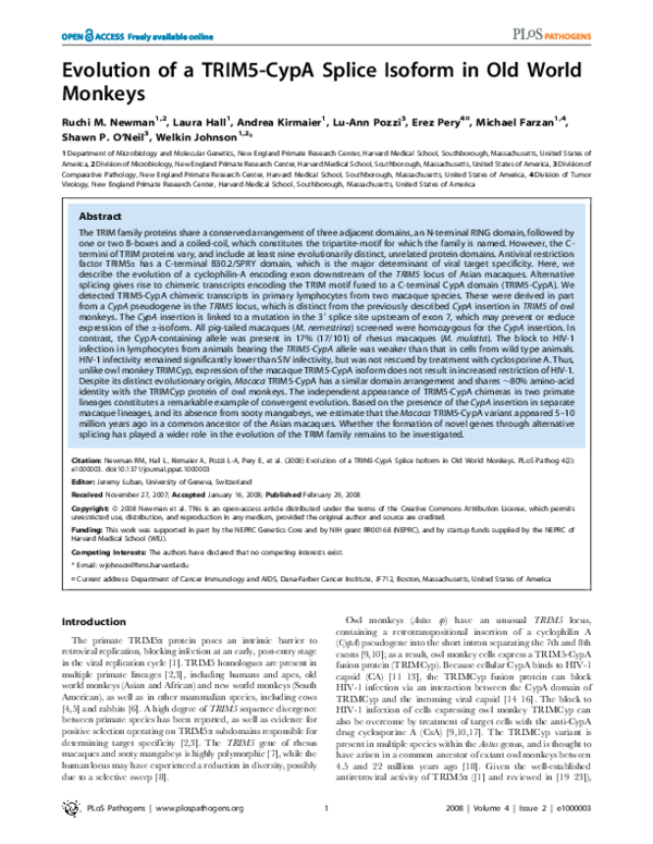 (PDF) Evolution of a TRIM5-CypA splice isoform in old world monkeys