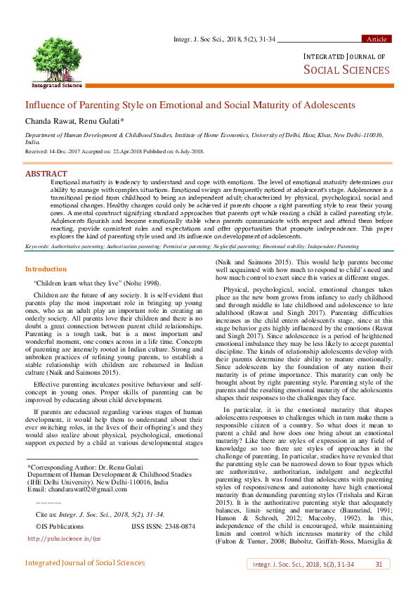 (PDF) Influence of Parenting style on emotional and social maturity of ...