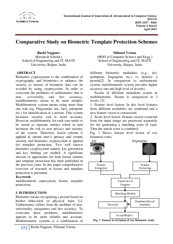 (PDF) Comparative Study on Biometric Template Protection Schemes