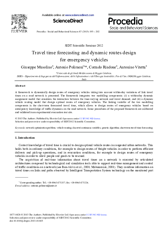 (PDF) Travel Time Forecasting and Dynamic Routes Design for Emergency ...