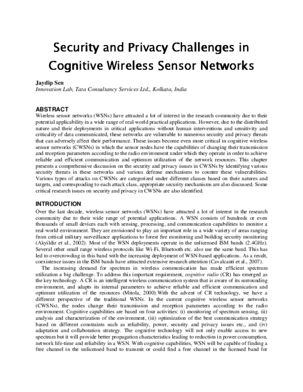 (PDF) Security and Privacy Challenges in Cognitive Wireless Sensor Networks