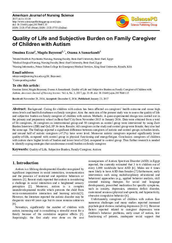 (PDF) Quality of Life and Subjective Burden on Family Caregiver of ...