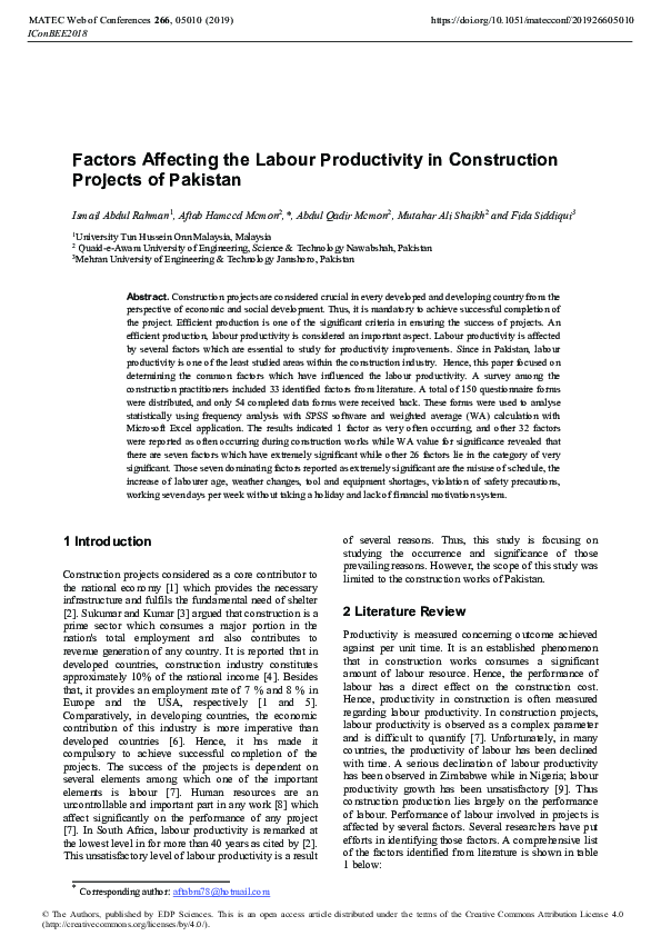 (PDF) Factors Affecting the Labour Productivity in Construction ...