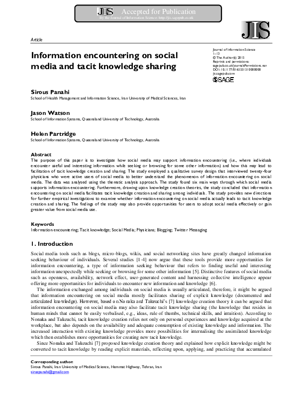 (PDF) Information encountering on social media and tacit knowledge sharing