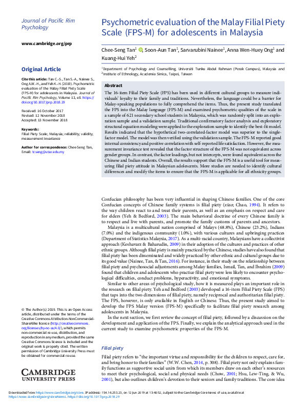(PDF) Psychometric evaluation of the Malay Filial Piety Scale (FPS-M ...