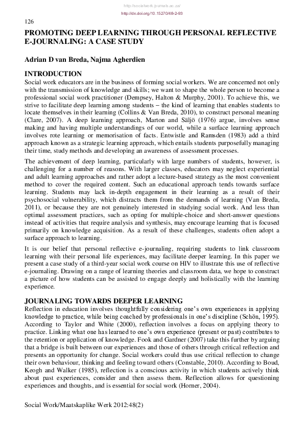 (PDF) Promoting Deep Learning Through Personal Reflective E-Journaling ...