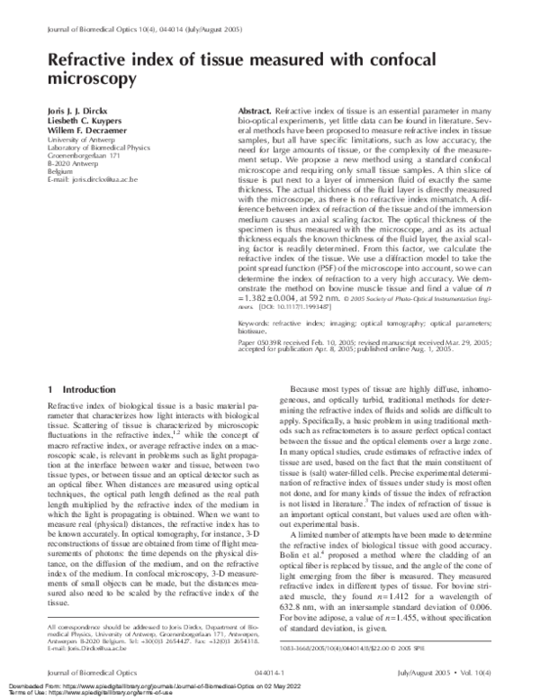 (PDF) Refractive index of tissue measured with confocal microscopy