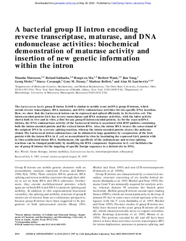 (PDF) A bacterial group II intron encoding reverse transcriptase ...