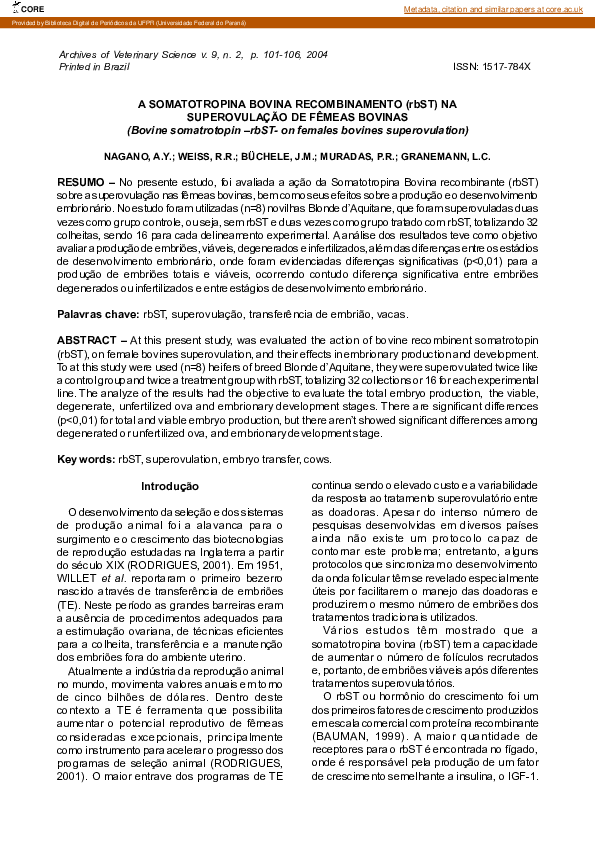(PDF) A SOMATOTROPINA BOVINA RECOMBINAMENTO (rbST) NA SUPEROVULAÇÃO DE ...