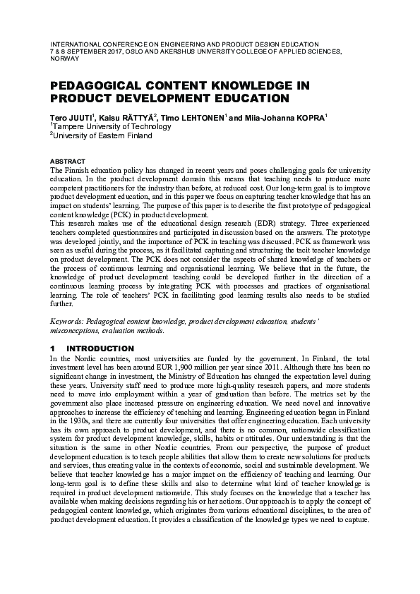 (PDF) Pedagogical Content Knowledge in Product Development Education