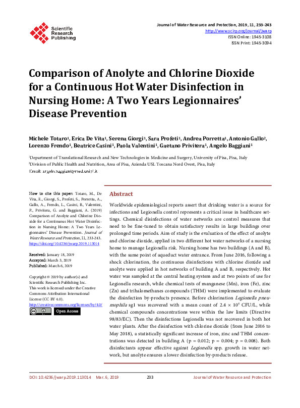 (PDF) Comparison of Anolyte and Chlorine Dioxide for a Continuous Hot Water Disinfection in
