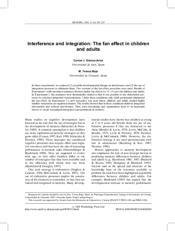 (PDF) Interference and integration The fan effect in children and
