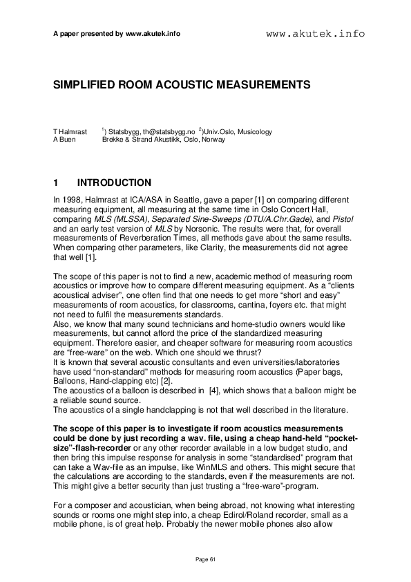 (PDF) Simplified Room Acoustic Measurements Anders Buen Academia.edu