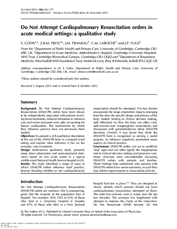 (PDF) Do Not Attempt Cardiopulmonary Resuscitation orders in acute