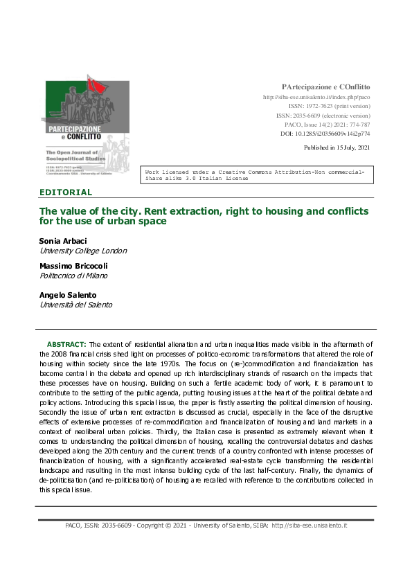 (PDF) The value of the city. Rent extraction, right to housing and ...