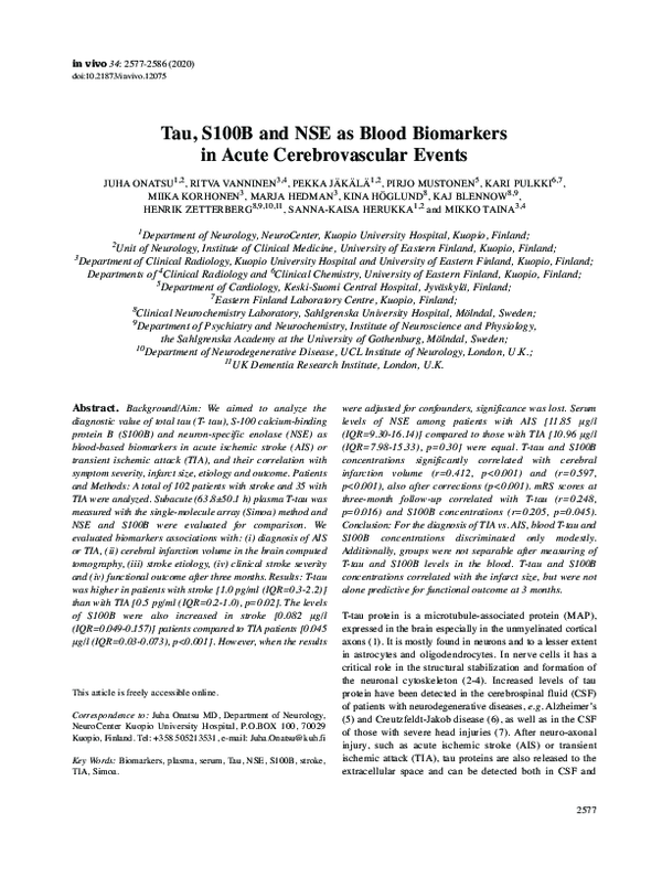 (PDF) Tau, S100B and NSE as Blood Biomarkers in Acute Cerebrovascular ...