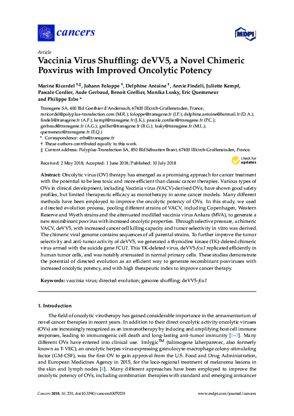(PDF) Vaccinia Virus Shuffling: deVV5, a Novel Chimeric Poxvirus with ...