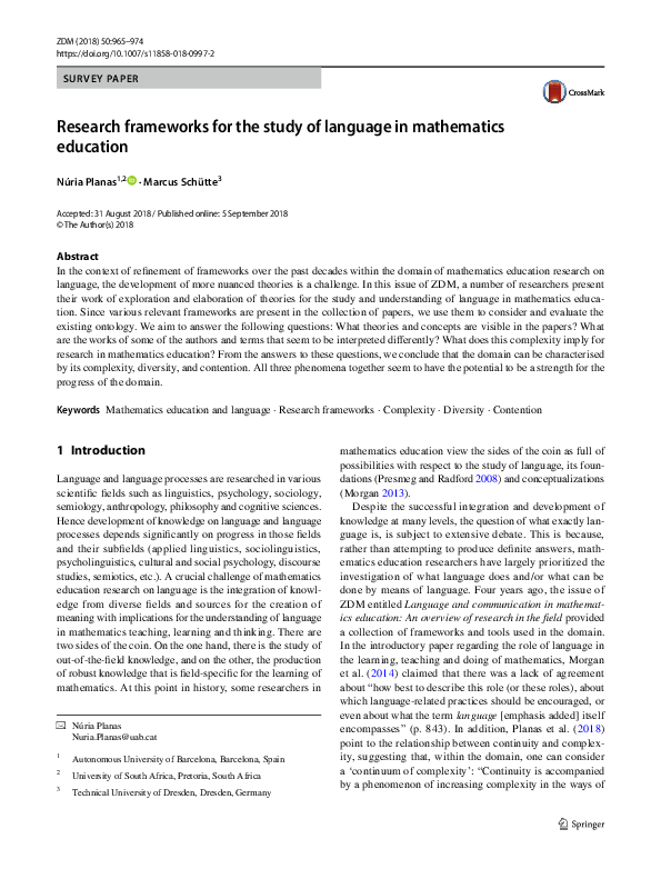 (PDF) Research frameworks for the study of language in mathematics ...